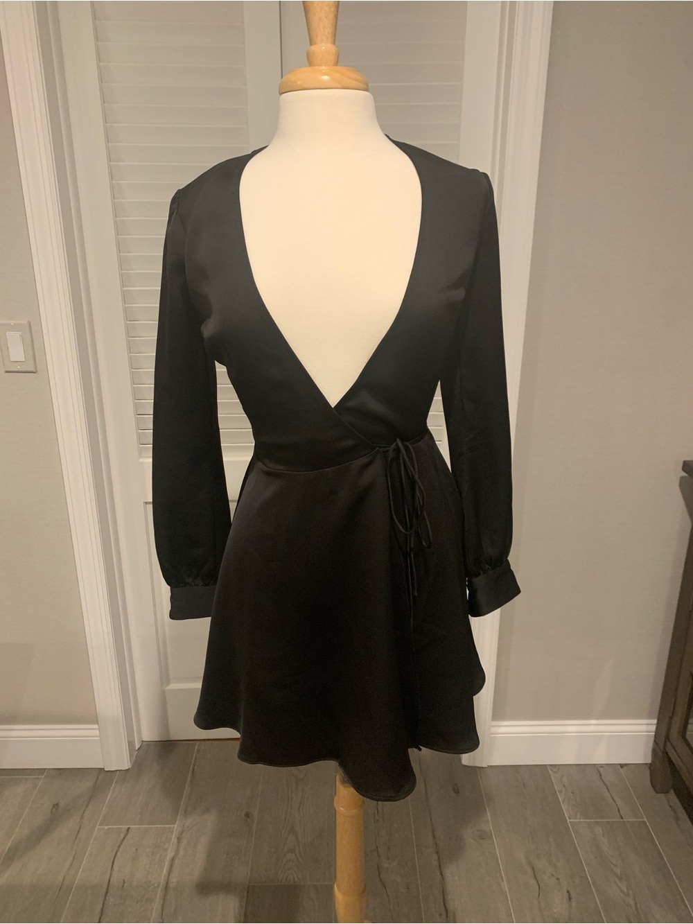 Privacy Please Black Satin Deep V Wrap Mini Dress XS